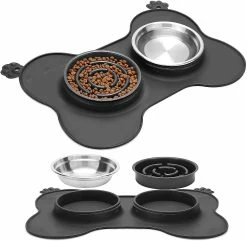 Unbranded Amovible Double Bowl Dog Bowl En Acier Inoxydable Bol Dog Food Bowl Placemat