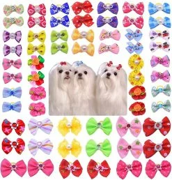 Wonderful Fong 50pcs / Pack Dog Hair Bows Paires Strass Perles Fleurs Topknot Mix Styles Dog Bows Pet -Pet Soin 447481116 max
