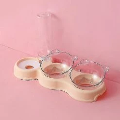 Unbranded Pet Cat Bowl Automatic Feeder Dog Cat Food Bowl With Water Fountain Double Bowl Drinking Raised Stand Dish Bowls For Cats Pink