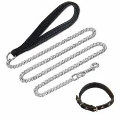 Giveuphesit Chain Link Dog Leash Anti Chew Strong Anti Dog Leash Confortable Poignée Rembourrée Souple Pour Chiens De Taille Moyenne