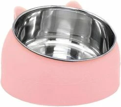 LetsGO Pet Bowl Dog Kitten Cat Bowl Oblique Mouth Bowl Acier Inoxydable Food Feeder Water 15 Degree Tilt Pour Animaux Rose 400ml