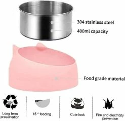 LetsGO Pet Bowl Dog Kitten Cat Bowl Oblique Mouth Bowl Acier Inoxydable Food Feeder Water 15 Degree Tilt Pour Animaux Rose 400ml -Pet Soin 763901625 max